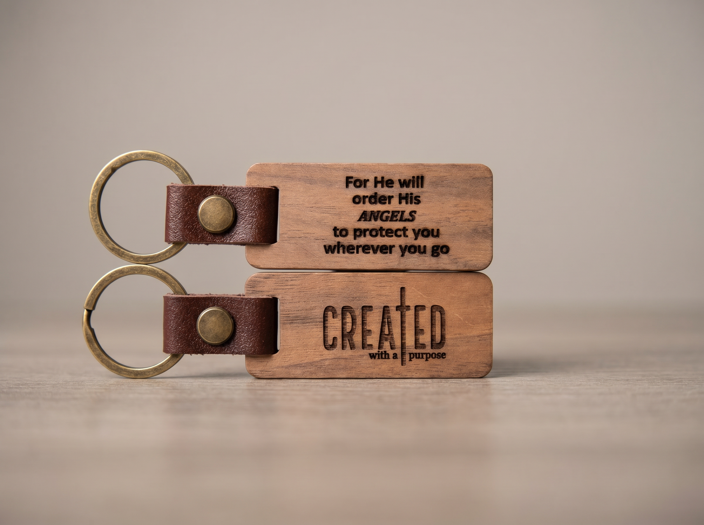 Personalized Walnut Keychain — Leather Strap