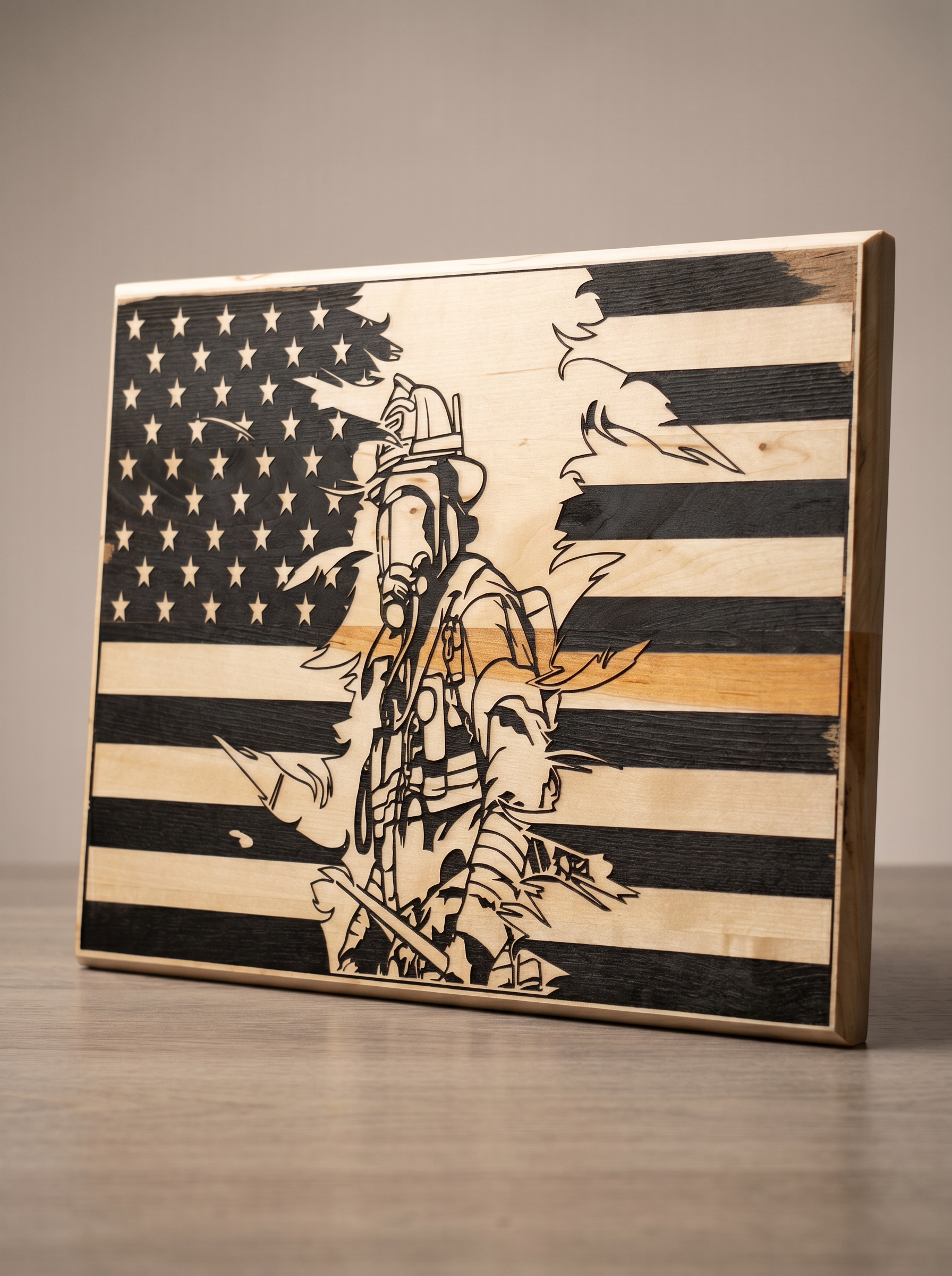 Firefighter American Flag Wood Plaque: First Responder Gift