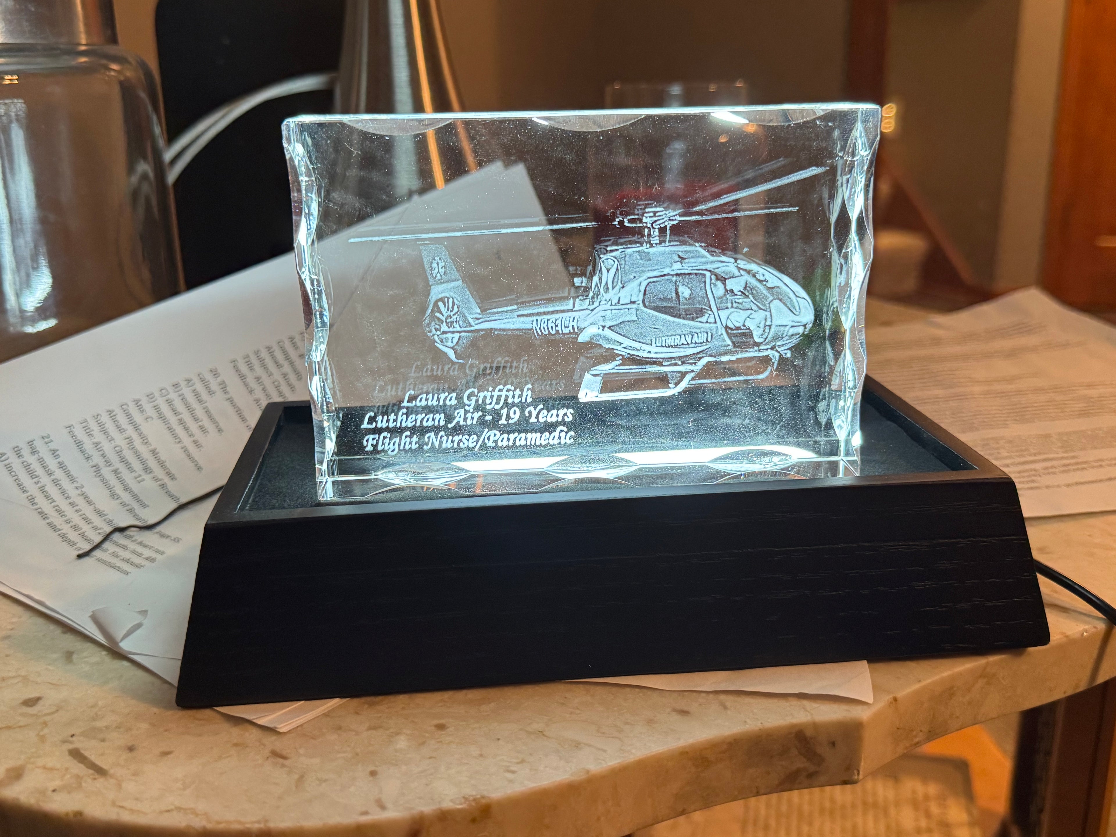 Lutheran Air helicopter 3D crystal personalized for  Flight Nurse Paramedic
