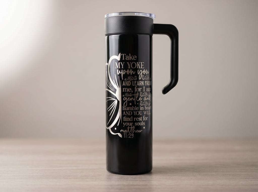 Engraved skinny tumbler 20oz, elegant studio photo