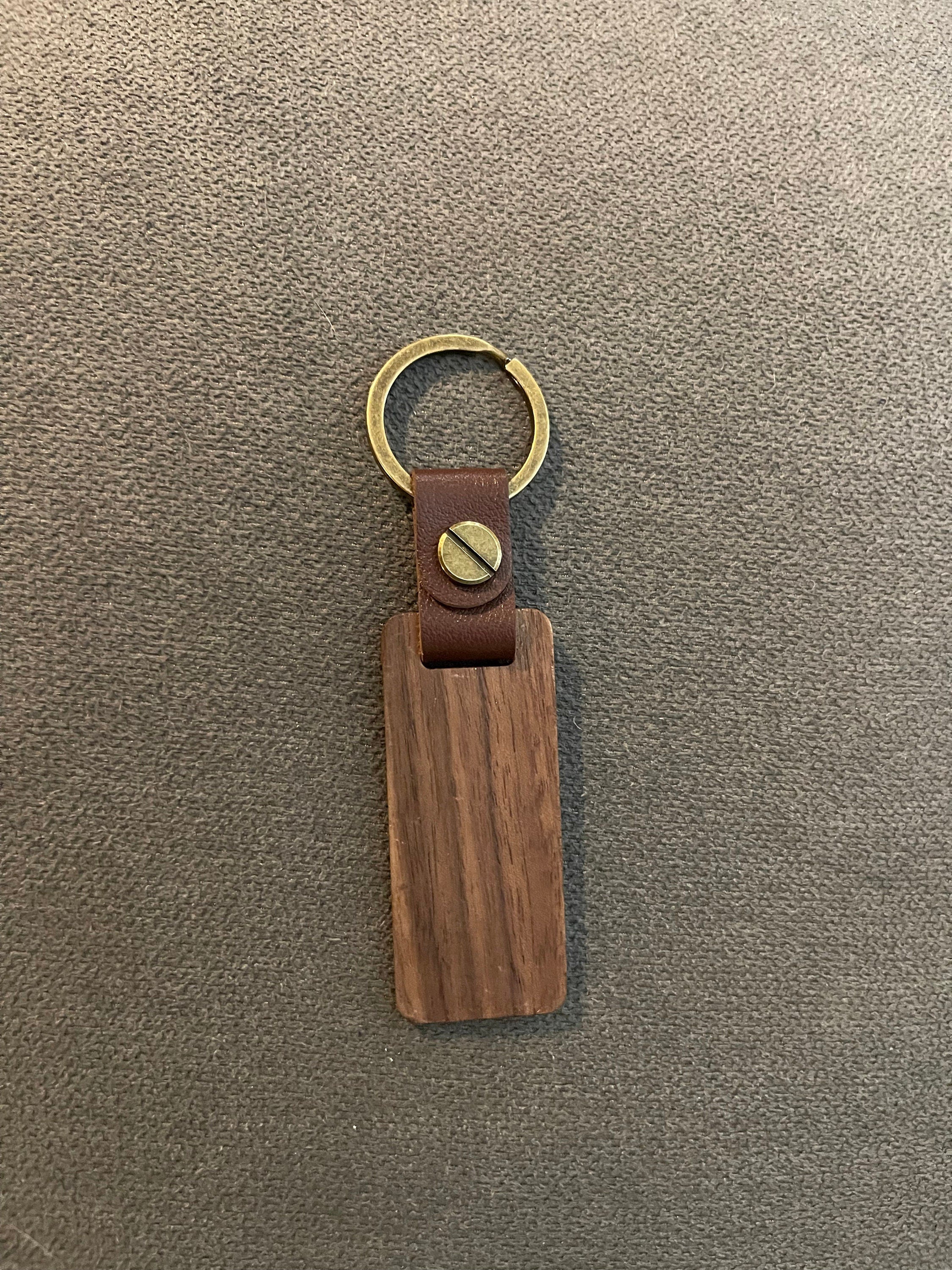 Personalized Walnut Keychain — Leather Strap