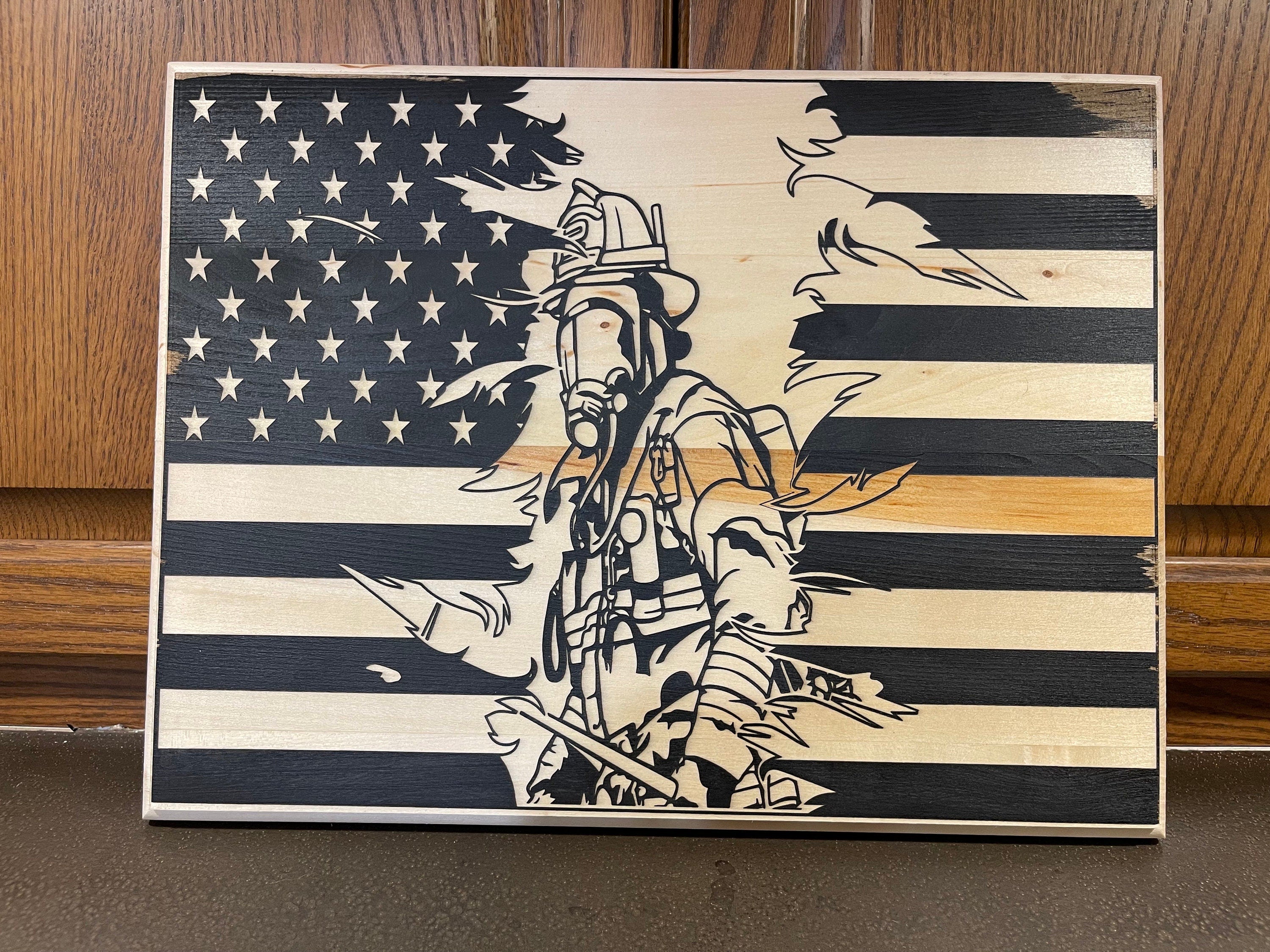 Firefighter American Flag Wood Plaque: First Responder Gift