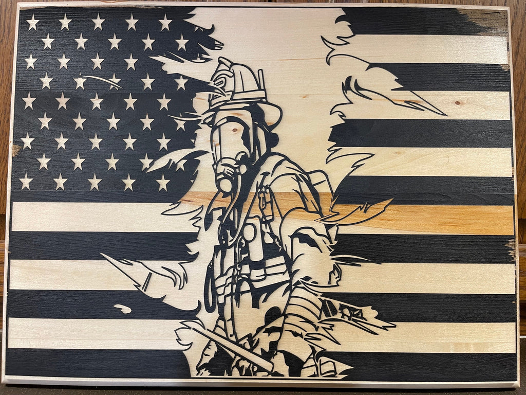 Firefighter American Flag Wood Plaque: First Responder Gift
