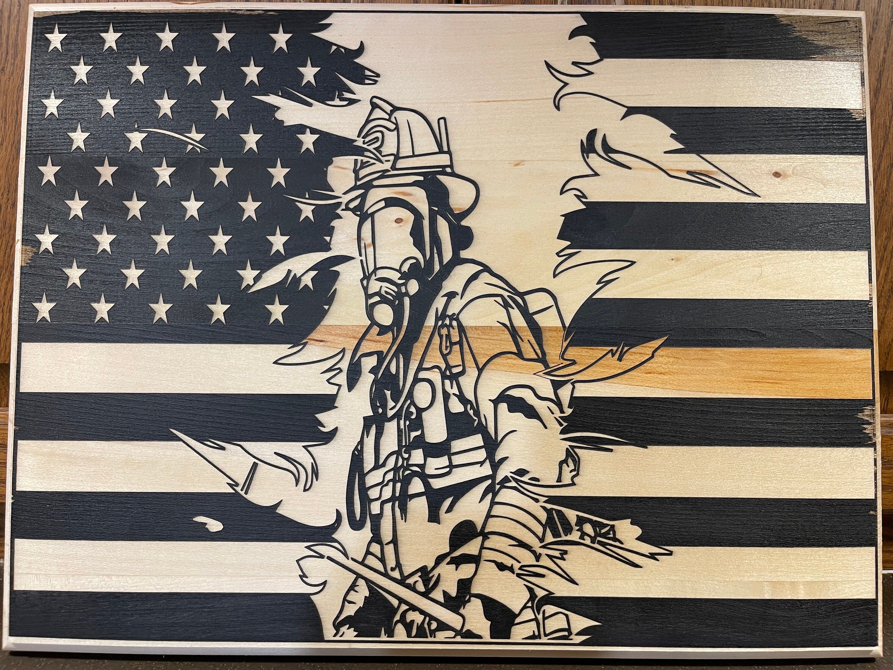 Firefighter American Flag Wood Plaque: First Responder Gift