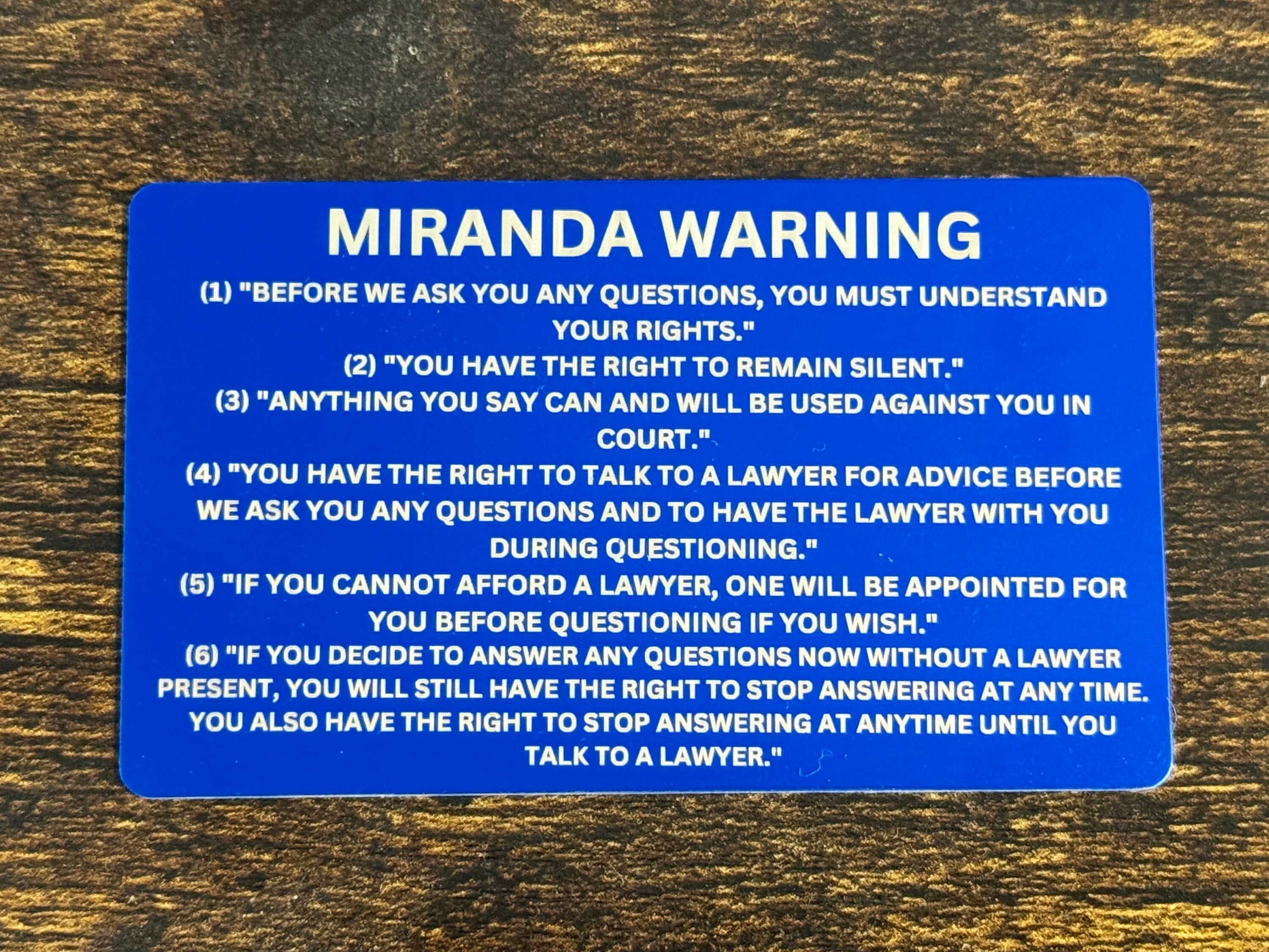 Miranda Warning Engraved Metal Card