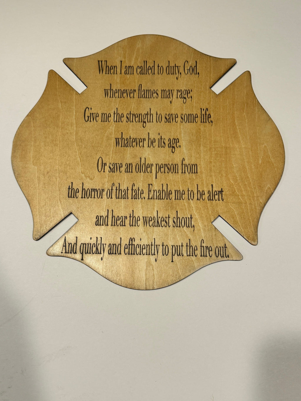 Fireman's Prayer Plaque — Engraved Maltese Cross