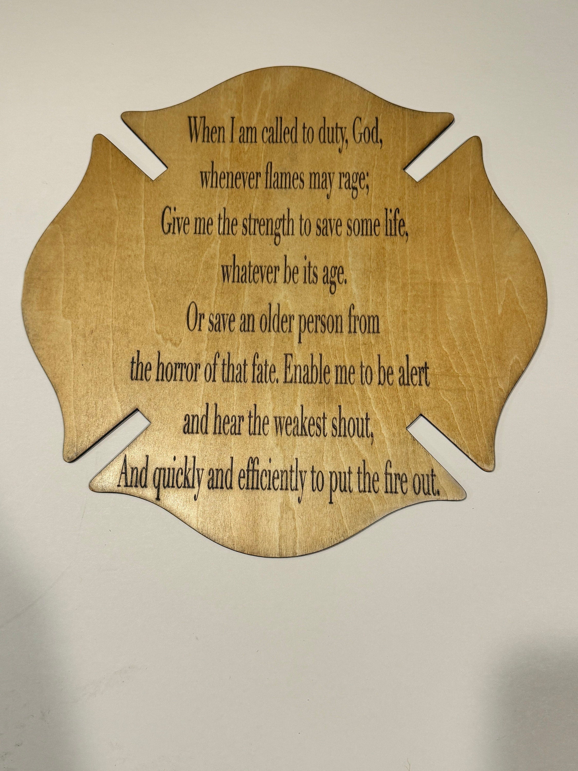 Fireman's Prayer Plaque — Engraved Maltese Cross