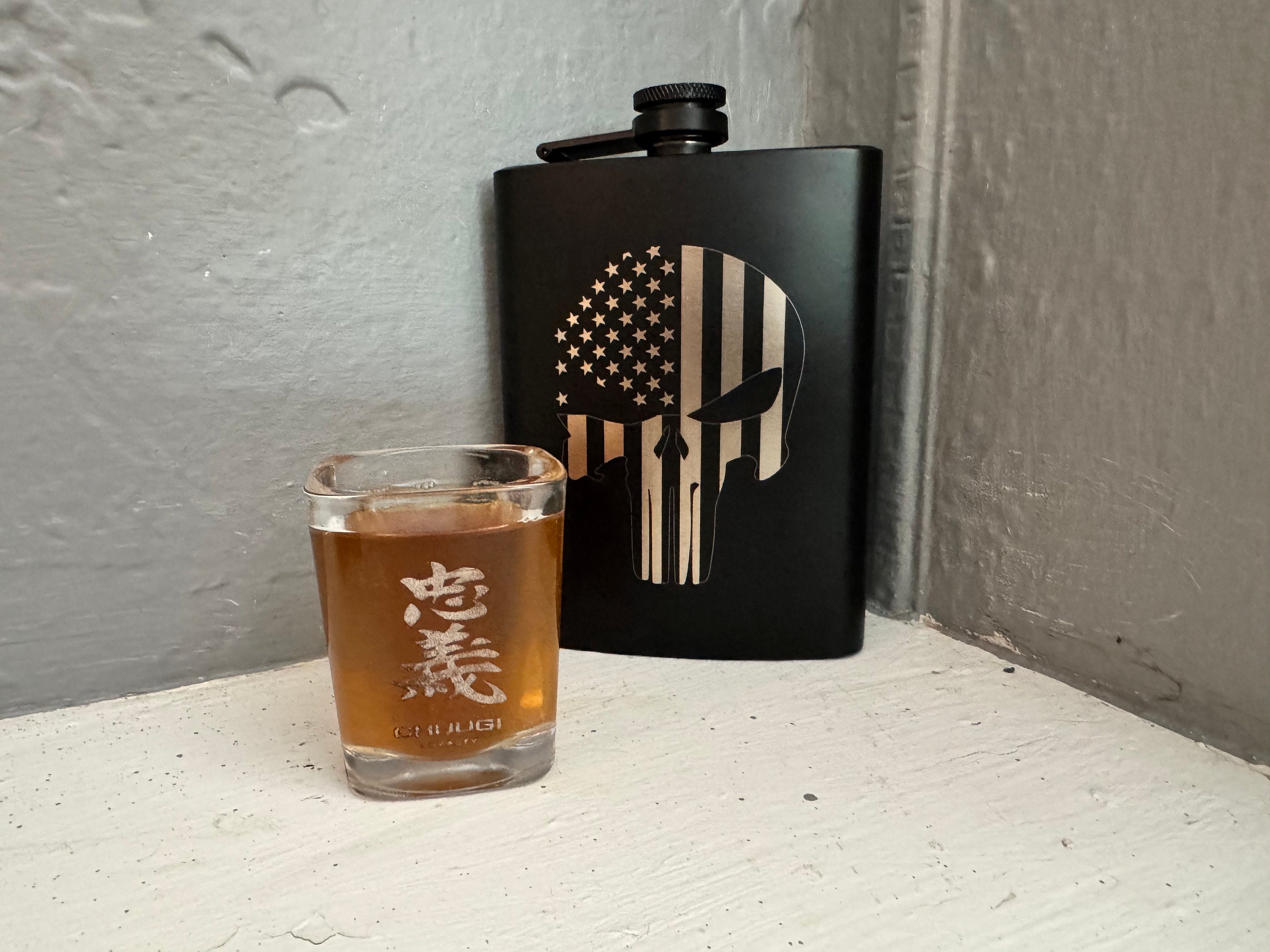 Military Flask — Engraved Warrior Skull