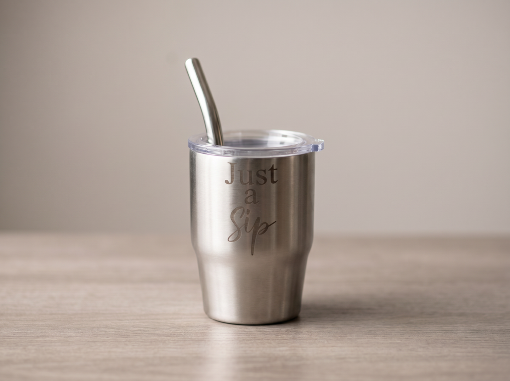 Personalized mini insulated tumbler 3oz, elegant studio photo