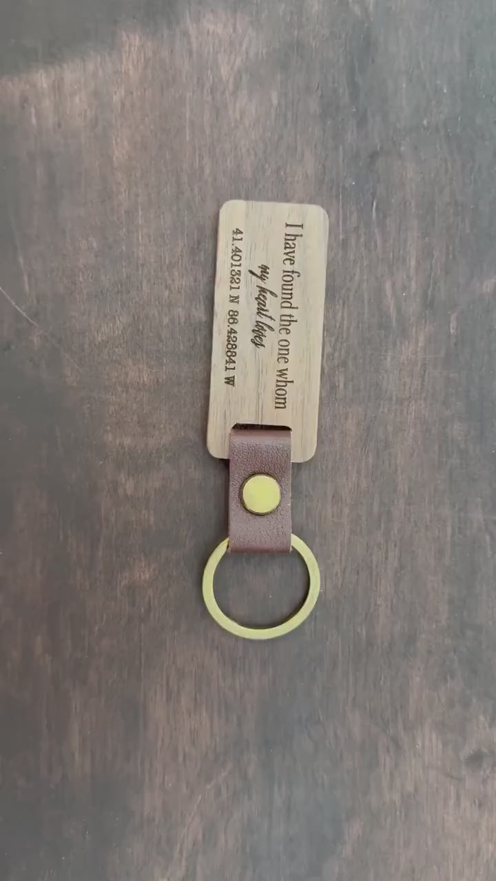 Personalized Walnut Keychain — Leather Strap